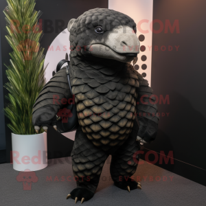 Black Pangolin mascot costume character dressed with a Trousers and Handbags