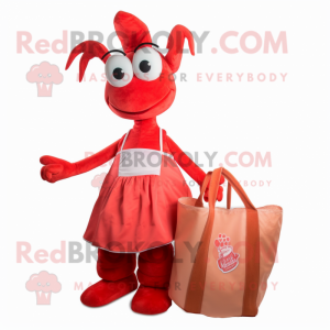 Red Shrimp Scampi mascot costume character dressed with a A-Line Skirt and Tote bags