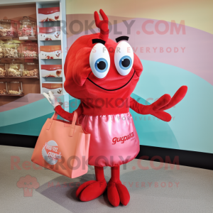 Red Shrimp Scampi mascot costume character dressed with a A-Line Skirt and Tote bags