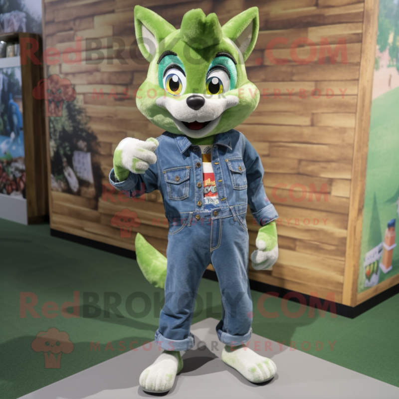 Green Fox mascot costume character dressed with a Denim Shirt and Anklets