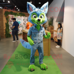 Green Fox mascot costume character dressed with a Denim Shirt and Anklets
