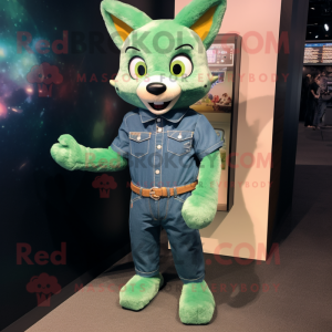 Green Fox mascot costume character dressed with a Denim Shirt and Anklets