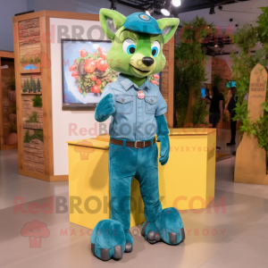 Green Fox mascot costume character dressed with a Denim Shirt and Anklets