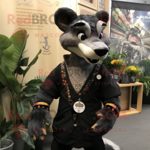 Black Thylacosmilus mascot costume character dressed with a Waistcoat and Lapel pins