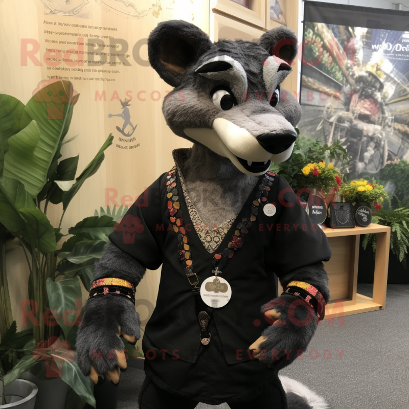 Black Thylacosmilus mascot costume character dressed with a Waistcoat and Lapel pins Black Thylacosmilus mascot costume character dressed with a Waistcoat and Lapel pins