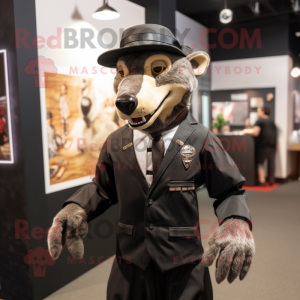 Black Thylacosmilus mascot costume character dressed with a Waistcoat and Lapel pins