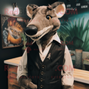 Black Thylacosmilus mascot costume character dressed with a Waistcoat and Lapel pins