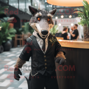 Black Thylacosmilus mascot costume character dressed with a Waistcoat and Lapel pins