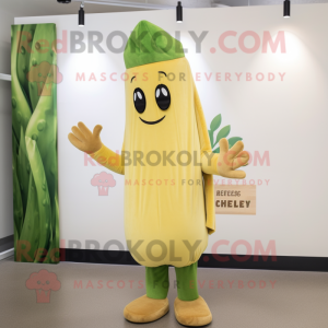 Gold Celery mascot costume character dressed with a Sweater and Berets