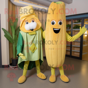 Gold Celery mascot costume character dressed with a Sweater and Berets