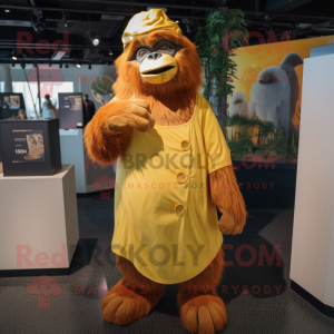 Yellow Orangutan mascot costume character dressed with a A-Line Skirt and Caps