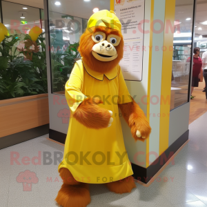 Yellow Orangutan mascot costume character dressed with a A-Line Skirt and Caps