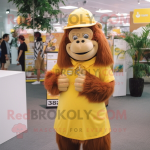 Yellow Orangutan mascot costume character dressed with a A-Line Skirt and Caps