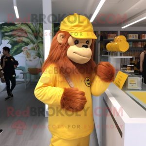 Yellow Orangutan mascot costume character dressed with a A-Line Skirt and Caps
