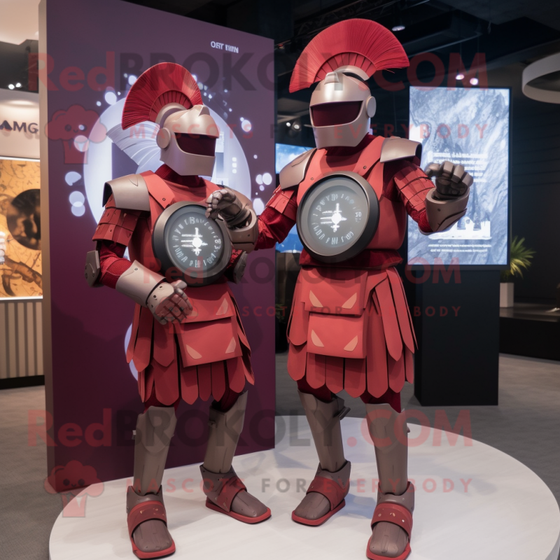 Maroon Spartan Soldier mascot costume character dressed with a Maxi Dress and Smartwatches Maroon Spartan Soldier mascot costume character dressed with a Maxi Dress and Smartwatches
