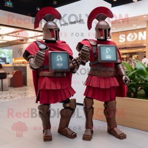 Maroon Spartan Soldier mascot costume character dressed with a Maxi Dress and Smartwatches