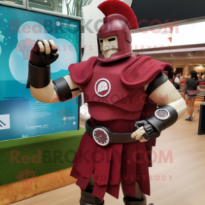 Maroon Spartan Soldier mascot costume character dressed with a Maxi Dress and Smartwatches