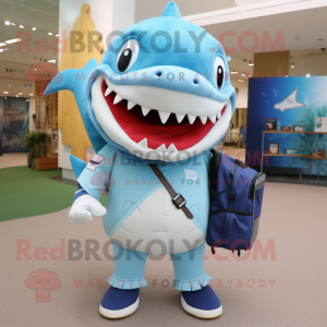 Sky Blue Megalodon mascot costume character dressed with a Polo Tee and Backpacks