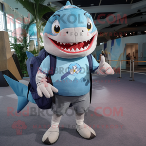 Sky Blue Megalodon mascot costume character dressed with a Polo Tee and Backpacks