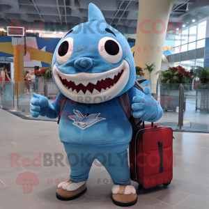 Sky Blue Megalodon mascot costume character dressed with a Polo Tee and Backpacks
