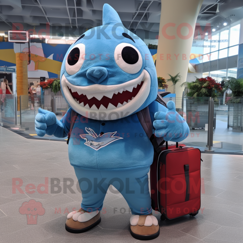 Sky Blue Megalodon mascot costume character dressed with a Polo Tee and Backpacks Sky Blue Megalodon mascot costume character dressed with a Polo Tee and Backpacks
