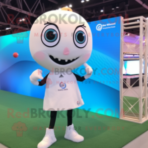 White Volleyball Net mascot costume character dressed with a Yoga Pants and Lapel pins