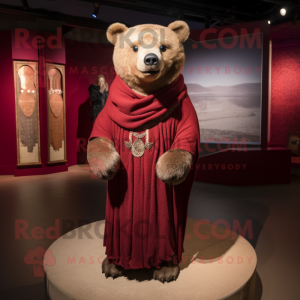 Maroon Bear mascot costume character dressed with a Sheath Dress and Shawls