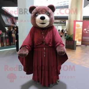 Maroon Bear mascot costume character dressed with a Sheath Dress and Shawls