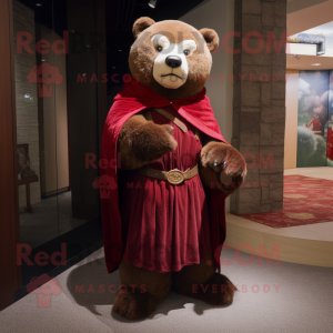 Maroon Bear mascot costume character dressed with a Sheath Dress and Shawls