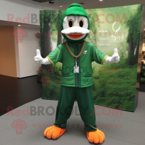 Forest Green Mandarin mascot costume character dressed with a Henley Shirt and Bracelets