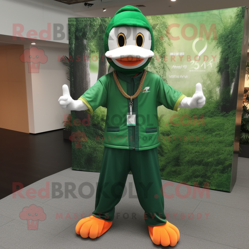 Forest Green Mandarin mascot costume character dressed with a Henley Shirt and Bracelets Forest Green Mandarin mascot costume character dressed with a Henley Shirt and Bracelets