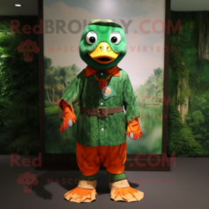 Forest Green Mandarin mascot costume character dressed with a Henley Shirt and Bracelets