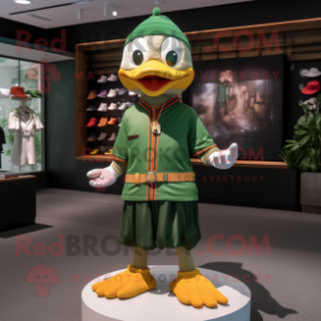 Forest Green Mandarin mascot costume character dressed with a Henley Shirt and Bracelets