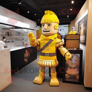 Yellow Roman Soldier mascot costume character dressed with a Button-Up Shirt and Backpacks