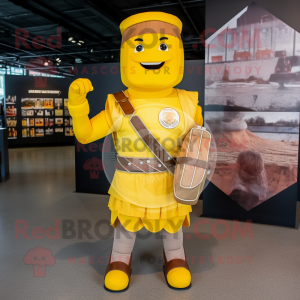 Yellow Roman Soldier mascot costume character dressed with a Button-Up Shirt and Backpacks