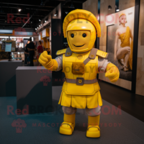 Yellow Roman Soldier mascot costume character dressed with a Button-Up Shirt and Backpacks