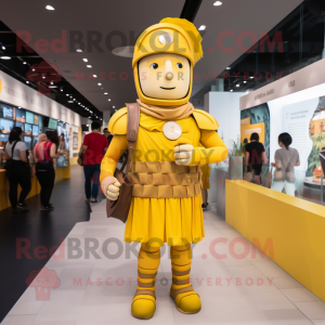 Yellow Roman Soldier mascot costume character dressed with a Button-Up Shirt and Backpacks