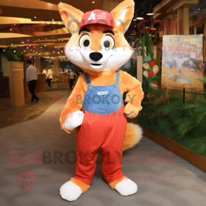 nan Fox mascot costume character dressed with a Overalls and Tote bags