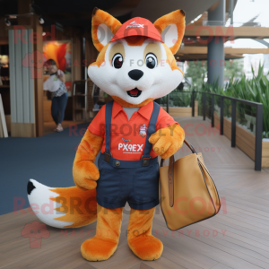 nan Fox mascot costume character dressed with a Overalls and Tote bags