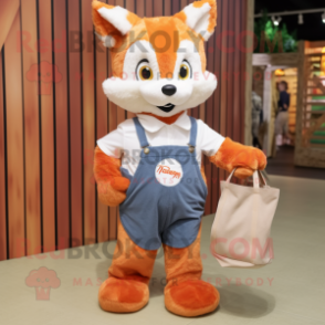 nan Fox mascot costume character dressed with a Overalls and Tote bags