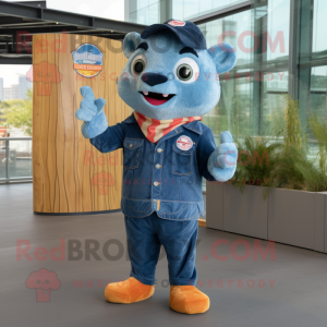 Navy Salmon mascot costume character dressed with a Denim Shirt and Hairpins