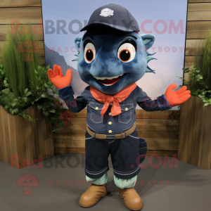 Navy Salmon mascot costume character dressed with a Denim Shirt and Hairpins