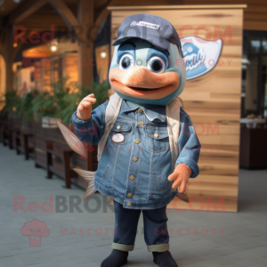 Navy Salmon mascot costume character dressed with a Denim Shirt and Hairpins