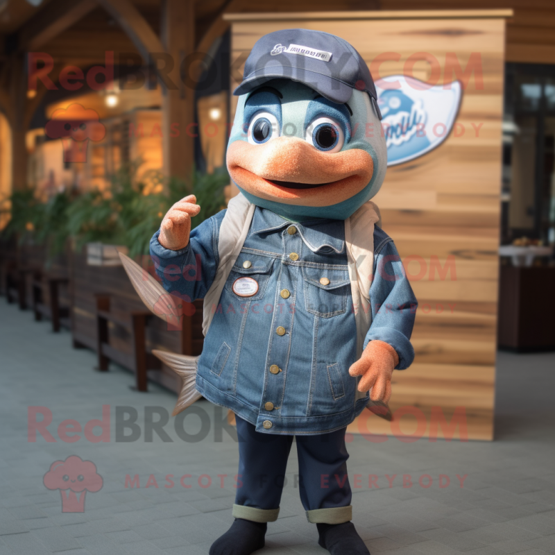 Navy Salmon mascot costume character dressed with a Denim Shirt and Hairpins Navy Salmon mascot costume character dressed with a Denim Shirt and Hairpins