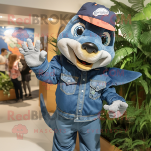 Navy Salmon mascot costume character dressed with a Denim Shirt and Hairpins