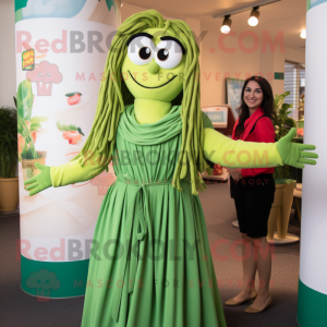 Olive Spaghetti mascot costume character dressed with a Maxi Dress and Ties