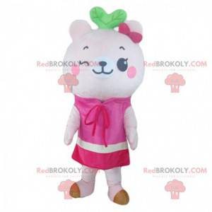 Mascotte de nounours blanc, costume ours en peluche rose -