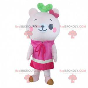 Witte teddybeer mascotte, roze teddybeer kostuum -