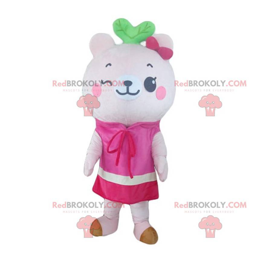 Mascotte de nounours blanc, costume ours en peluche rose -