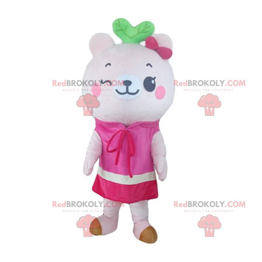 White teddy bear mascot, pink teddy bear costume -